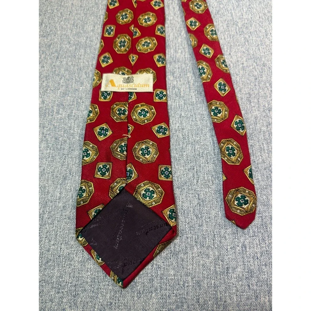 Vintage Aquascutum of London 100% Silk Tie Red Geometric Medallion Pattern